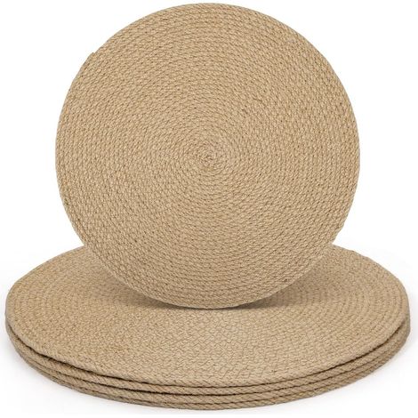 Lot de 4 Sets de Table Naturelle Ronde Tressé, Dessous Table Antidérapants en Paille de Lin Tissé, Dessous Assiette Résistant à la Chaleur pour Cuisine et Salle à Manger Décoration 33 cm (1/5)