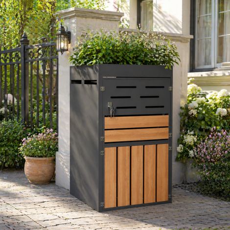 Mobile da esterno multifunzionale con fioriera integrata, ventilazione a persiana e struttura in acciaio zincato – ante con serratura e catena di sicurezza per riporre oggetti e decorare il giardino,  (1/5)