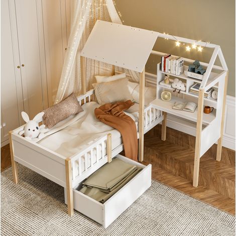 Lit 90x200 enfant avec bureau et rangement bois blanc HAVRYA (1/5)
