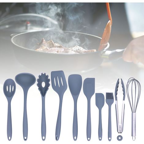 Ensemble de 10 ustensiles de cuisine en silicone antiadhésifs : spatule, cuillère, fouet à œufs, pinceau (gris) (1/5)