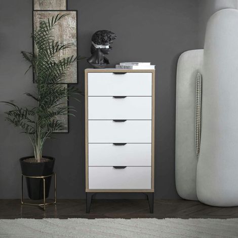 Commode étroite blanche 5 tiroirs BYRON