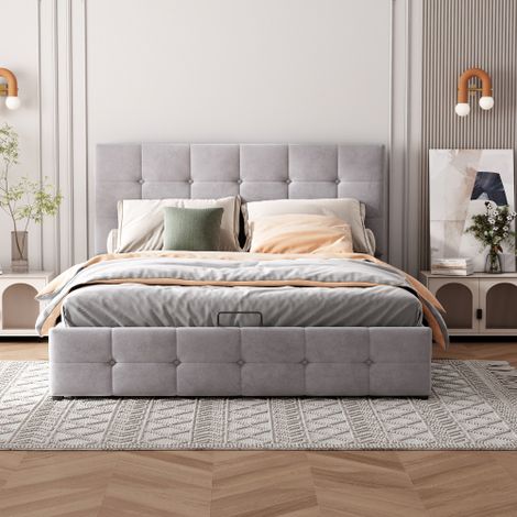 Polsterbett, Doppelbett mit Hydraulisch anhebbarer Bettstauraum ,höhenverstellbares Polsterkopfteil, Metalllattenrost, Hautfreundlicher Samtstoff Doppelbett Erwachsenen Jugendbett (1/5)