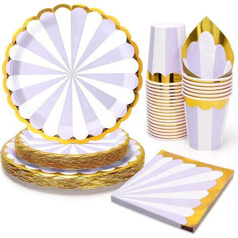 Lot de 96 vaisselle de fête à thème - Rayures violettes et blanches - Pour anniversaire - Pour 24 invités (1/5)