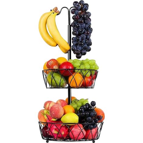 Corbeille à fruits en fil métallique pour le rangement, porte-fruits moderne à deux niveaux pour plan de travail (noir)