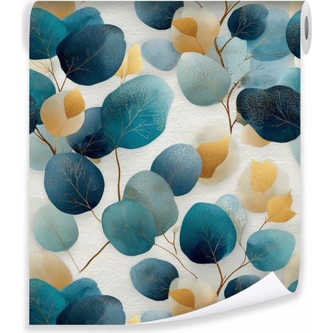 Papier peint bleu feuilles or glamour sur molleton mur living room bedroom (1/3)