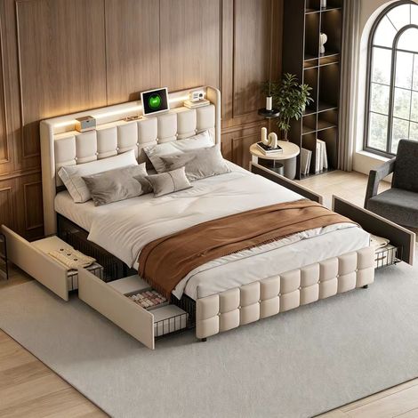Lit capitonné 160×200cm avec lumière LED, lit coffre avec 4 tiroirs de rangement, lit double avec ports USB et Type-C, Sommier à lattes, lit pour adulte et adolescent, Lin, Beige (1/5)