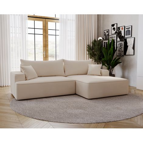 Emporius Canapé d'angle 5 places Dallas - tissu velours, canapé droite convertible, Beige (1/5)
