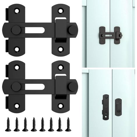 Lot de 2 verrous de porte en bois pour extérieur - Verrou de porte coulissante robuste - En acier inoxydable - Pour clôture, grange, garage, maison d'été - Noir (1/5)