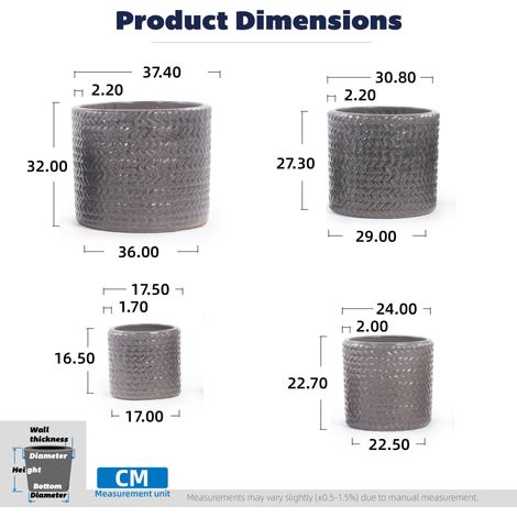 4er-Set Keramik-Blumentöpfe Ø37/31/24,5/17,5 cm grau glänzend mit Drainage – MEUBLIV (1/5)