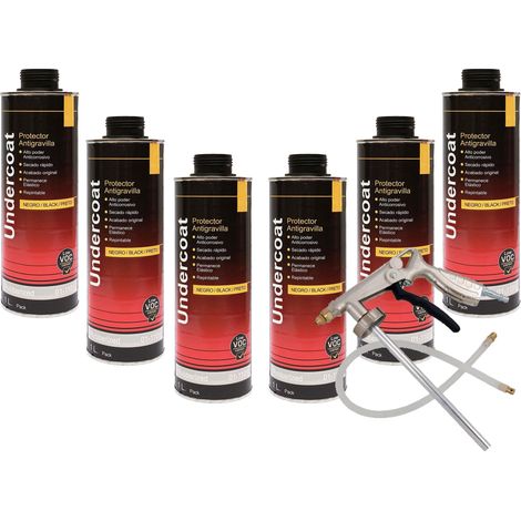 KIT DE 6 BOTES ANTIGRAVILLA 1 LITRO COLOR NEGRO + PISTOLA ANTIGRAVILLA NEUMATICA