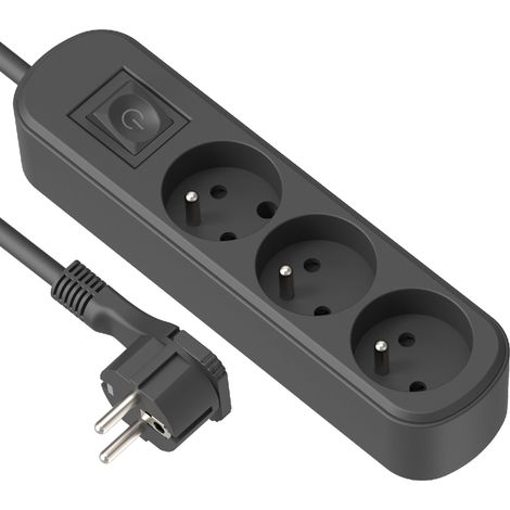 Bloc Multiprises 3 prises, interrupteur et fiche Plate - 1,5m, noir (1/5)