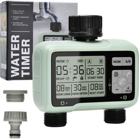 Minuterie Arrosage Automatique pour Jardin 2 Voies, Minuterie Irrigation 2 sorties,retardateur de pluie (1/5)
