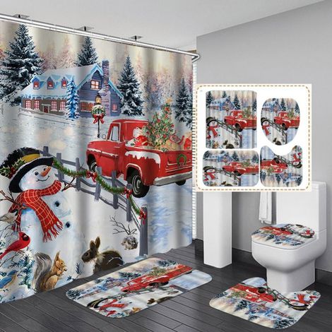 Rideau De Douche De Noël - 4 Pièces Avec Tapis Anti-Dérapant Et Couvre-Réservoir - Motif Arbre De Noël Flocons De Neige - 72x72 Pouces - 12 Crochets Inclus (1/5)