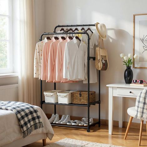 Black Simple Floor-standing Multifunctional Double-pole Metal Clothes Hanger 80cm W x 35cm D x 135cm H
