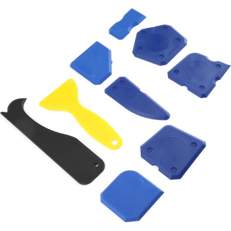 Kit de 9 outils de nettoyage et de finition pour joints de silicone, comprenant un grattoir à verre et un dissolvant pour mastic silicone. (1/5)