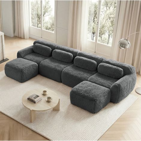 Canapé modulable en U 4 places, sans montage, tissu peluche gris HAVRYA (1/5)