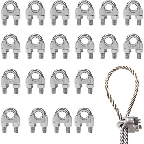 20 Pièces Serre Cable Inox 4mm, Serre Cable Acier M4, Serre-Câbles en Acier Inoxydable, U Boulon Clip de Câble Métalliques, Clip de Corde Inox pour Clôtures de Jardin,Corde à Linge(Argent,M4) (1/5)