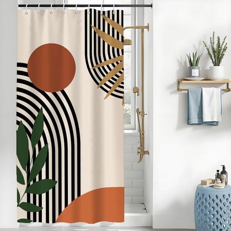 Rideau de Douche 120x180 cm en Polyester Imperméable et Lavable - Design Abstrait Bohème Terracotta Orange avec 8 Crochets Inclus pour Salle de Bain (1/5)