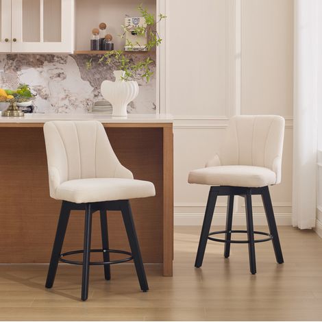 Barhocker aus Chenille in Beige mit Rückenlehne, 360° drehbar, gepolstert mit Fußstütze (1/5)