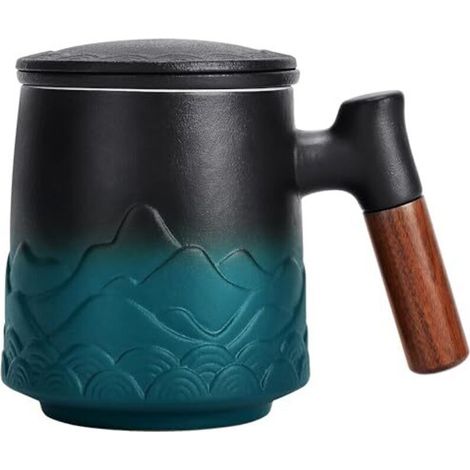 Mug en céramique avec filtre et couvercle, grande tasse à infusion avec anse en bois, coffret cadeau (vert) (1/4)