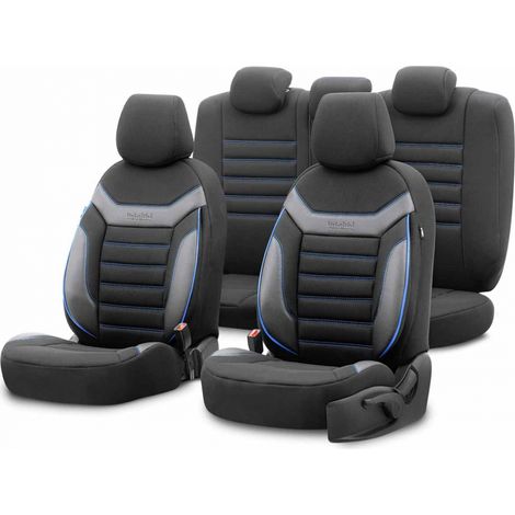 Juego de fundas individuales para asientos de coche, 203 unidades, negro/azul, 3 cremalleras. (1/5)