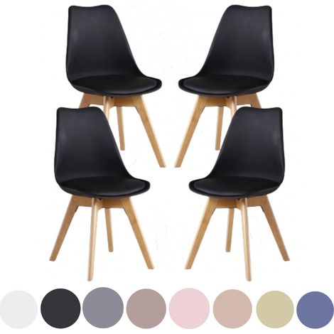 Set of 4 Lorenzo Scandinavian Minimalist Dining Chairs with Faux Leather Cushions and Solid Wood Legs - Side Chair for Dining Room Kitchen Office - Black (1/5)