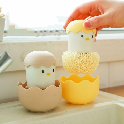 Brosse à récurer de cuisine avec motif de poulet en coquille d'œuf de dessin animé avec boule de nettoyage en fibre ForNano et poignée intégrée pour un nettoyage efficace des casseroles et poêles (ros (1/5)
