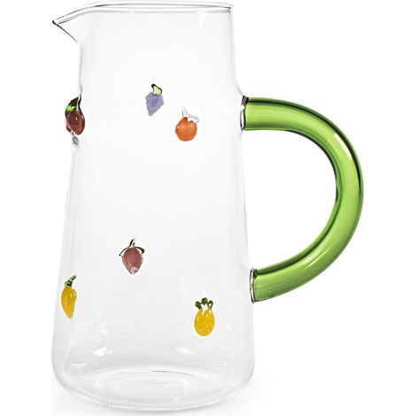 H&H, Caraffa in Vetro Borosilicato 1,6 L con Miniature Esterne Fruttate Assortite – Ciliegie, Fragola, Uva, Limone, Pesca, Ananas – Manico Verde – Lavabile in Lavastoviglie (1/2)