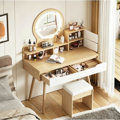 Schreibtisch mit Spiegel, LED und Schubladen Natural Wood OKMYHOME (1/5)