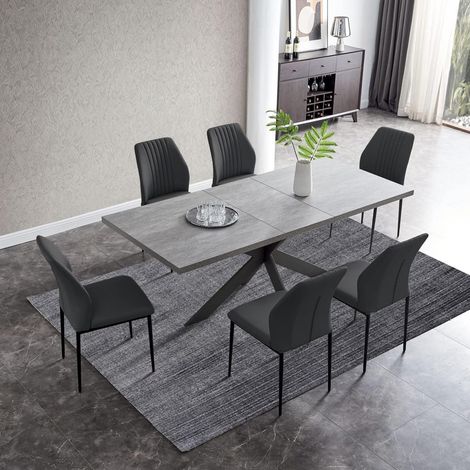 Ausziehbarer Esstisch mit 6 Stühlen, moderner grauer MDF-Holztisch, 130-170cm (1/5)