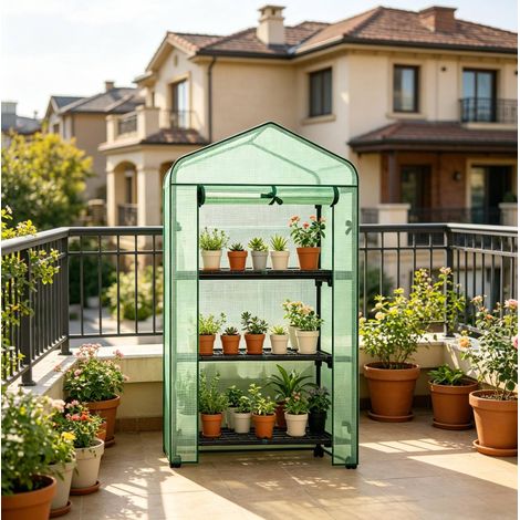 Mini invernadero con ruedas 70 x 50 x 130 cm, 3 estantes, puerta con cremallera, verde HAVRYA (1/5)