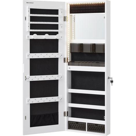 Armoire à Bijoux Murale, Organisateur avec Lumières LED, Placard de Rangement, avec Miroir sans Cadre, Miroir de Maquillage Intégré, 2 Tiroirs, Verrouillable, Blanc JJC013W01 (1/5)