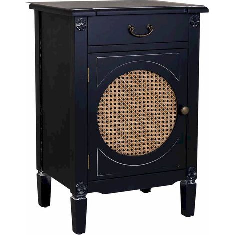 table de chevet art déco bois noir avec porte et tiroir - noir laqué et cannage naturel (1/5)