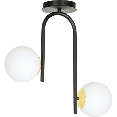 Lampadario 2 Luci Kalf In Acciaio Nero A Bracci E Sfere In Vetro Opalino E Oro (1/5)