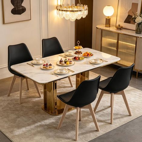 Juego de 4 sillas de comedor giratorias 360 grados, asiento acolchado, cuero sintético negro y madera maciza (1/5)