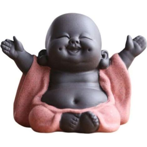 Statue de Bouddha rieur Maitreya en céramique – Dimensions 10 x 6,3 x 5,3 cm – Base plate antidérapante – Décoration intérieure orange (1/5)