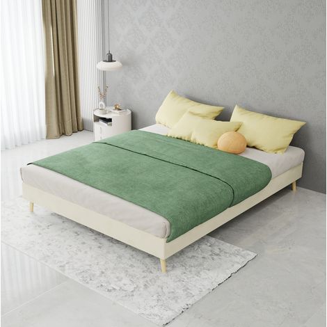 Cama 140x200 tapizada beige con cabecero geométrico OKMYHOME (1/5)