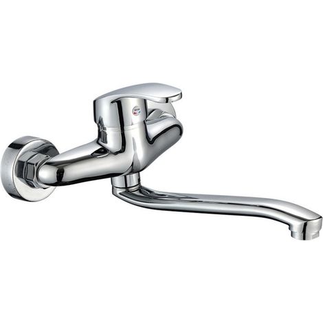 Robinet De Cuisine Murale - Robinet Mélangeur À Une Poignée - Finition Chromée - Joint Céramique - Bec Pivotant 360° Avec Aérateur ABS - Accessoires De Montage Inclus - Pour Cuisine Salle De Bains Et 