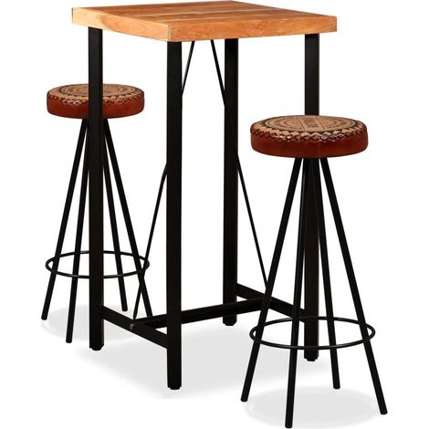 Set da Bar 3 pz in Legno Massello Acacia in Pelle Vera e Tela vidaXL (1/5)