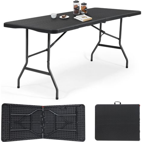 Sekey Buffettisch Klappbar Kunststoff 180 x 74 x 74 cm Rattan Optik Gartentisch mit Tragegriff Klapptisch Partytisch für Garten Terrasse und Balkon Campingtisch 6 Personen, Schwarz (1/5)