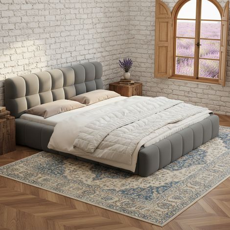 Letto matrimoniale imbottito 160 x 200 cm con testiera capitonné, rete a doghe e sponde imbottite, rivestimento in lino, stile classico, grigio (1/5)