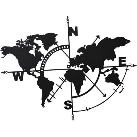 Pair Décoration murale carte du monde en métal – Noir – Style géométrique
