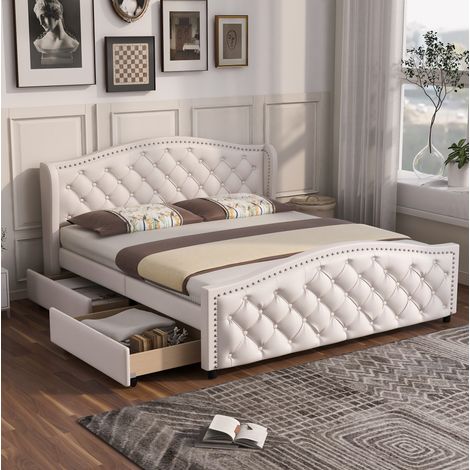DESVIAE Lit rembourré Chesterfield 140 x 200 cm avec sommier à lattes 2 tiroirs de rangement tête de lit capitonnée en PU blanc cadre en bois et acier pour chambre adulte et chambre amis (1/5)