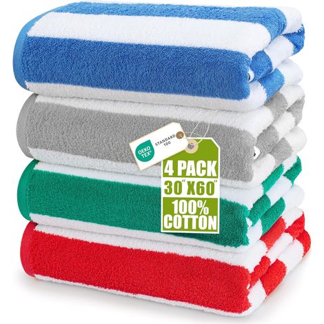 Lot de 4 Serviettes de Plage en Coton - Rayures Cabana Classiques - Absorption Rapide et Douceur - Pour Piscine et Vacances - 76 x 152 cm (1/5)