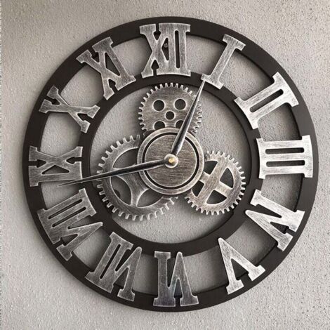 3D grande horloge murale silencieuse en bois rétro classique horloge murale à engrenages rétro horloge à chiffres romains salon steampunk européen décoration industrielle, bar, argent, 40 40 cm (1/4)