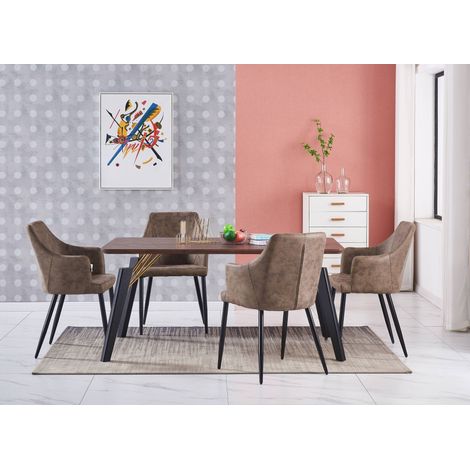 Cosmo LUX Zarah Dining Set - un tavolo da pranzo in legno di noce e un set di 4 sedie da pranzo in pelle marrone - Sala da pranzo Cucina (1/5)