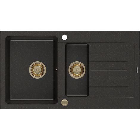Mexen Matias 1,5-Becken-Granitspüle mit Abtropffläche 900 x 505 mm, Schwarz/Gold metallisch, Siphon (1/5)