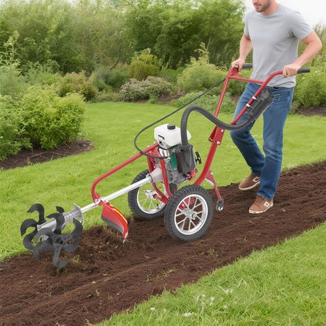 Motobineuse à essence, mini motoculteur à essence 63 cm³, micro-motobineuse avec moteur à essence 4 temps, microcultivateur léger et compact – avec profondeur de culture de 10 cm pour parcs (1/5)