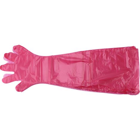 100 guanti lunghi monouso in plastica, sicuri e affidabili, versatili, per uso veterinario, per il trattamento delle ferite sul campo. Colore rosso. (1/5)