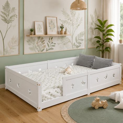 Lit Montessori, Lit au Sol Enfant 140x200, Lit double avec Barrière de Sécurité et Sommier à Lattes, blanc, pour Garçons et Filles, Enfants et Bébés, sans matelas (1/5)